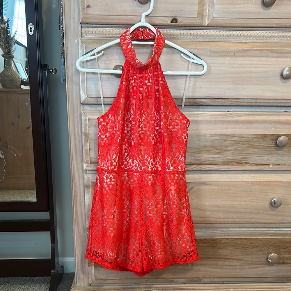 Charlotte Russe Red Lace Halter Jumpsuit